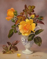 Rosas naranjas en una jarra azul y blanca